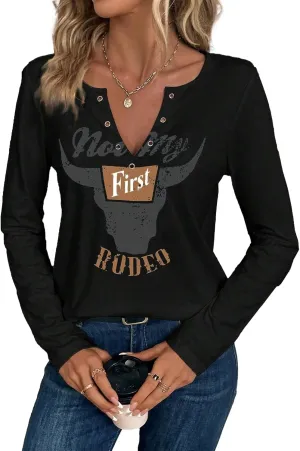 Women's Cowboy Shirt Country Concert Outfit Cute Western Graphic Tee Casual Notched Neck Long Sleeve Top