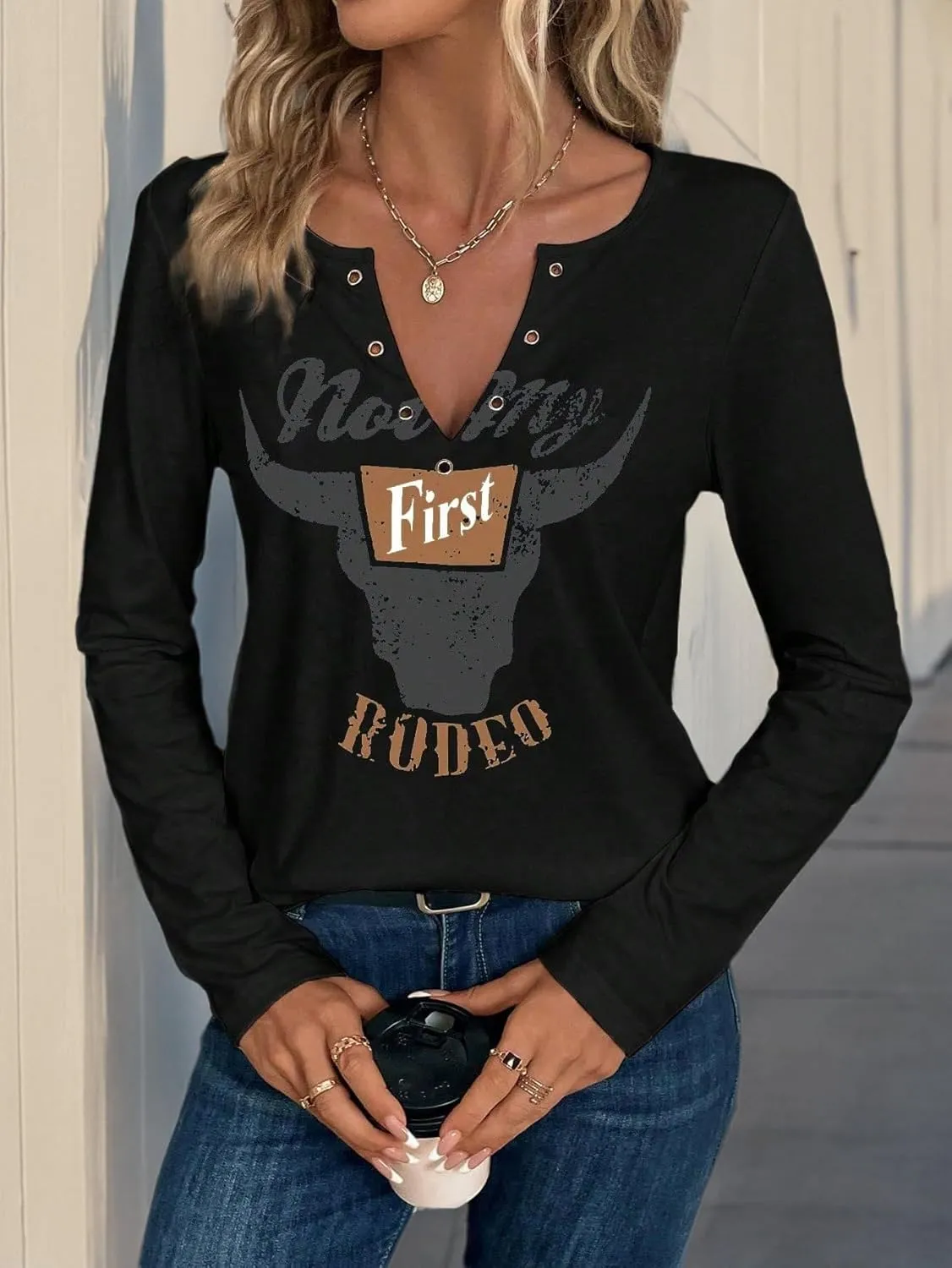 Women's Cowboy Shirt Country Concert Outfit Cute Western Graphic Tee Casual Notched Neck Long Sleeve Top