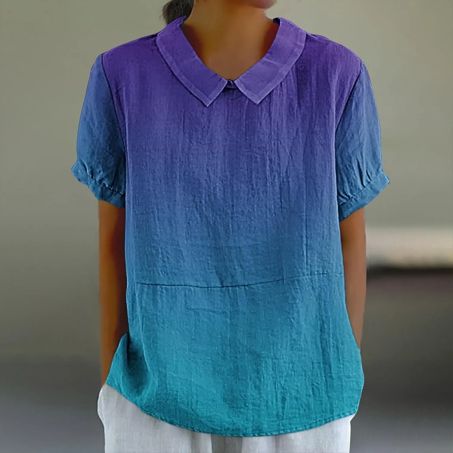 Womens Summer Tops Short Sleeved Creative Gradient Patchwork Color Cute Shirt T Shirt Shirts for Women Linen Blouses