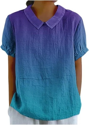 Womens Summer Tops Short Sleeved Creative Gradient Patchwork Color Cute Shirt T Shirt Shirts for Women Linen Blouses