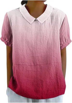 Womens Summer Tops Short Sleeved Creative Gradient Patchwork Color Cute Shirt T Shirt Shirts for Women Linen Blouses
