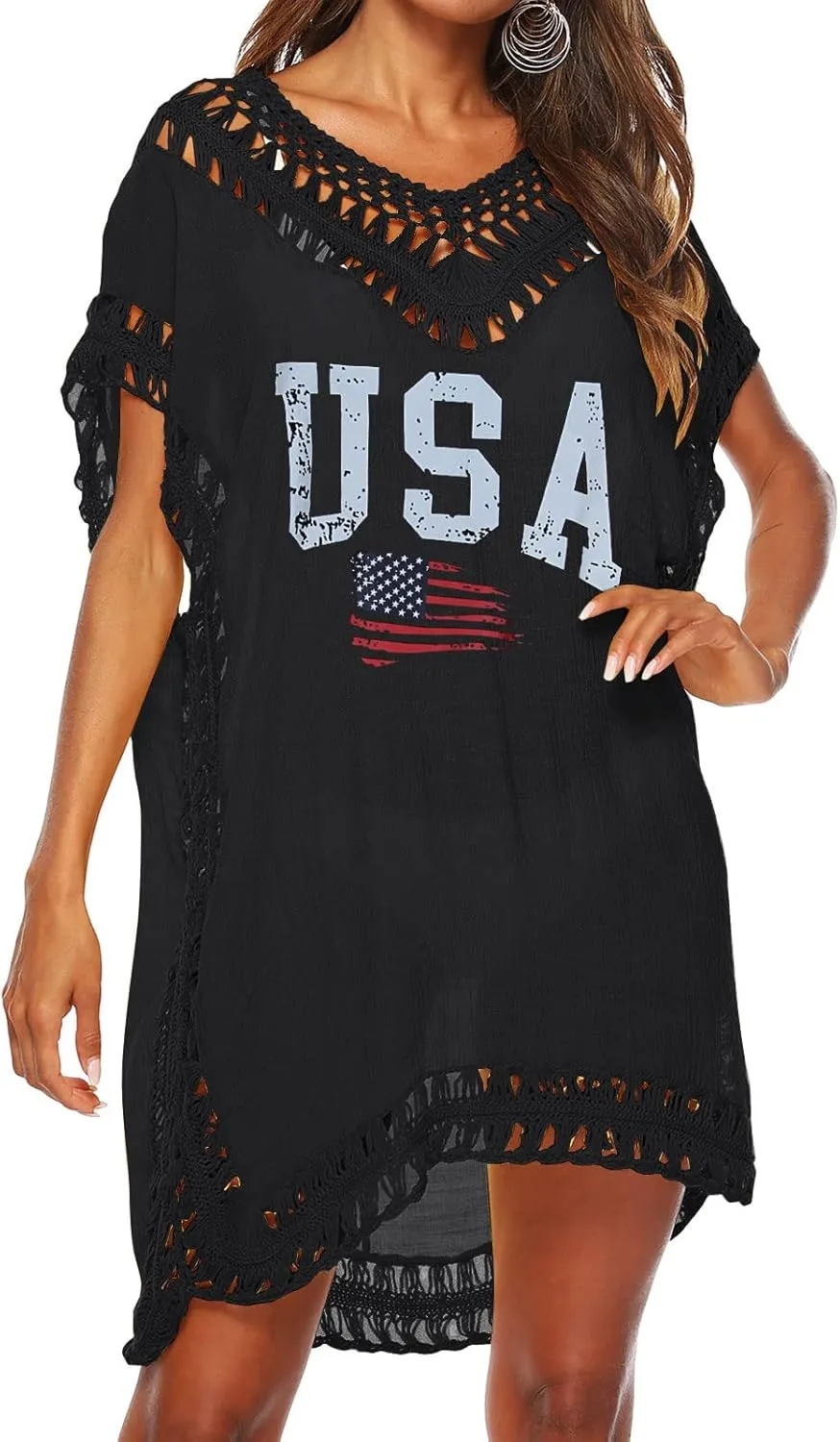 Women's Swimwear Cover ups Summer Short Sleeve Crochet Sexy Beach Dress
