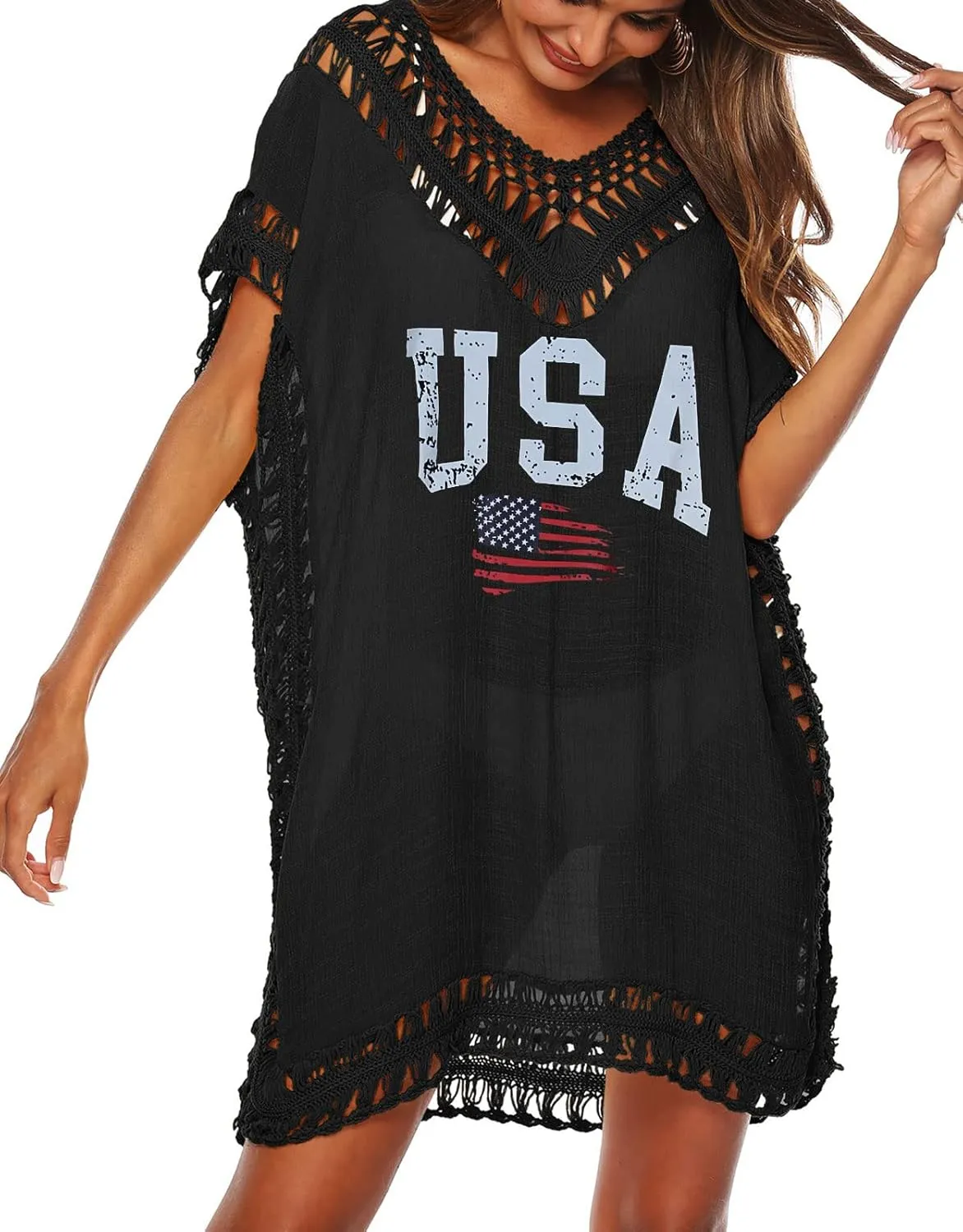 Women's Swimwear Cover ups Summer Short Sleeve Crochet Sexy Beach Dress