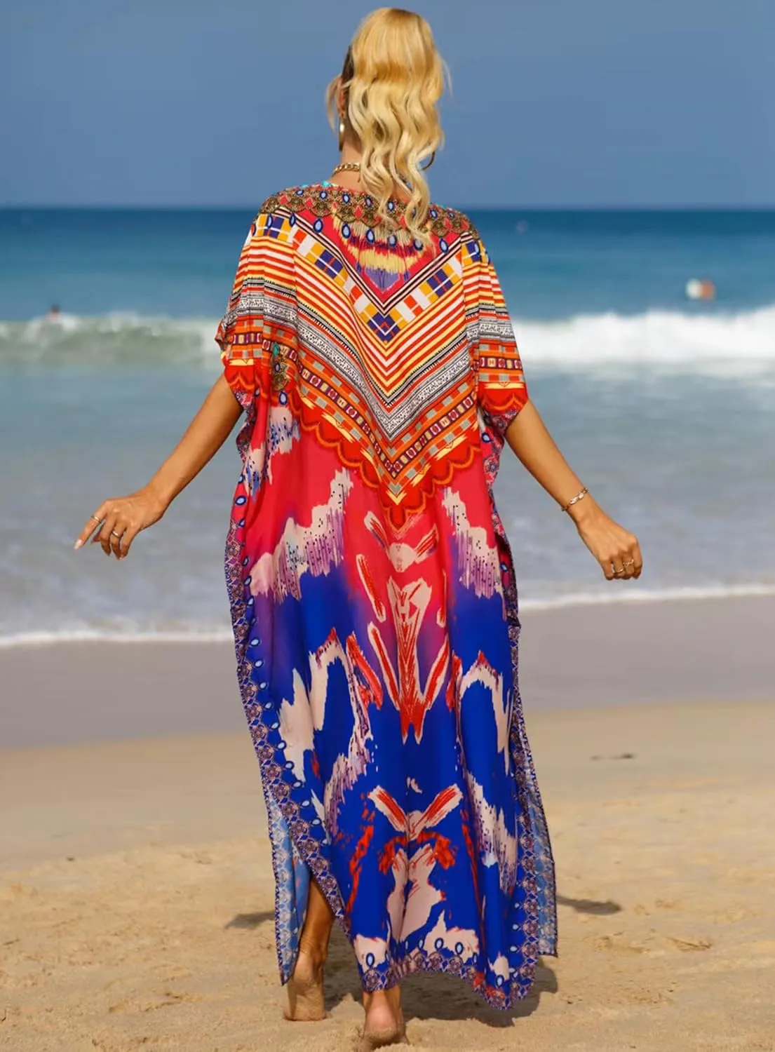 Women's V-Neck Batwing Sleeve Kaftan Dress Lightweight Beach Swimwear Cover Up for Mumu Tropical Vacation