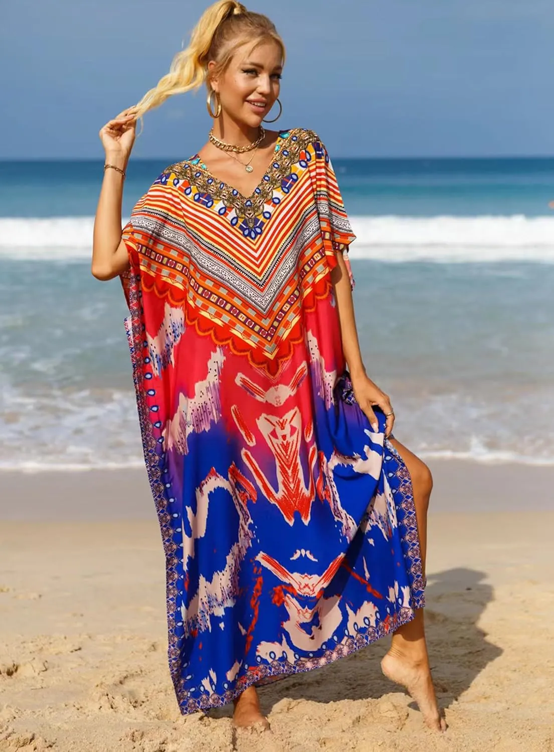 Women's V-Neck Batwing Sleeve Kaftan Dress Lightweight Beach Swimwear Cover Up for Mumu Tropical Vacation