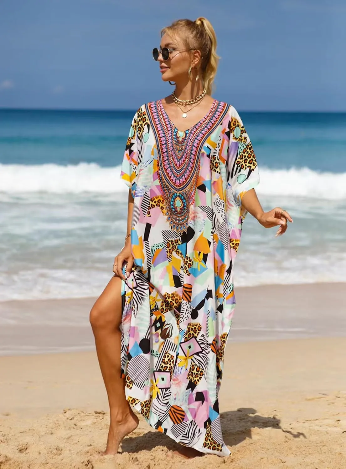 Women's V-Neck Batwing Sleeve Kaftan Dress Lightweight Beach Swimwear Cover Up for Mumu Tropical Vacation