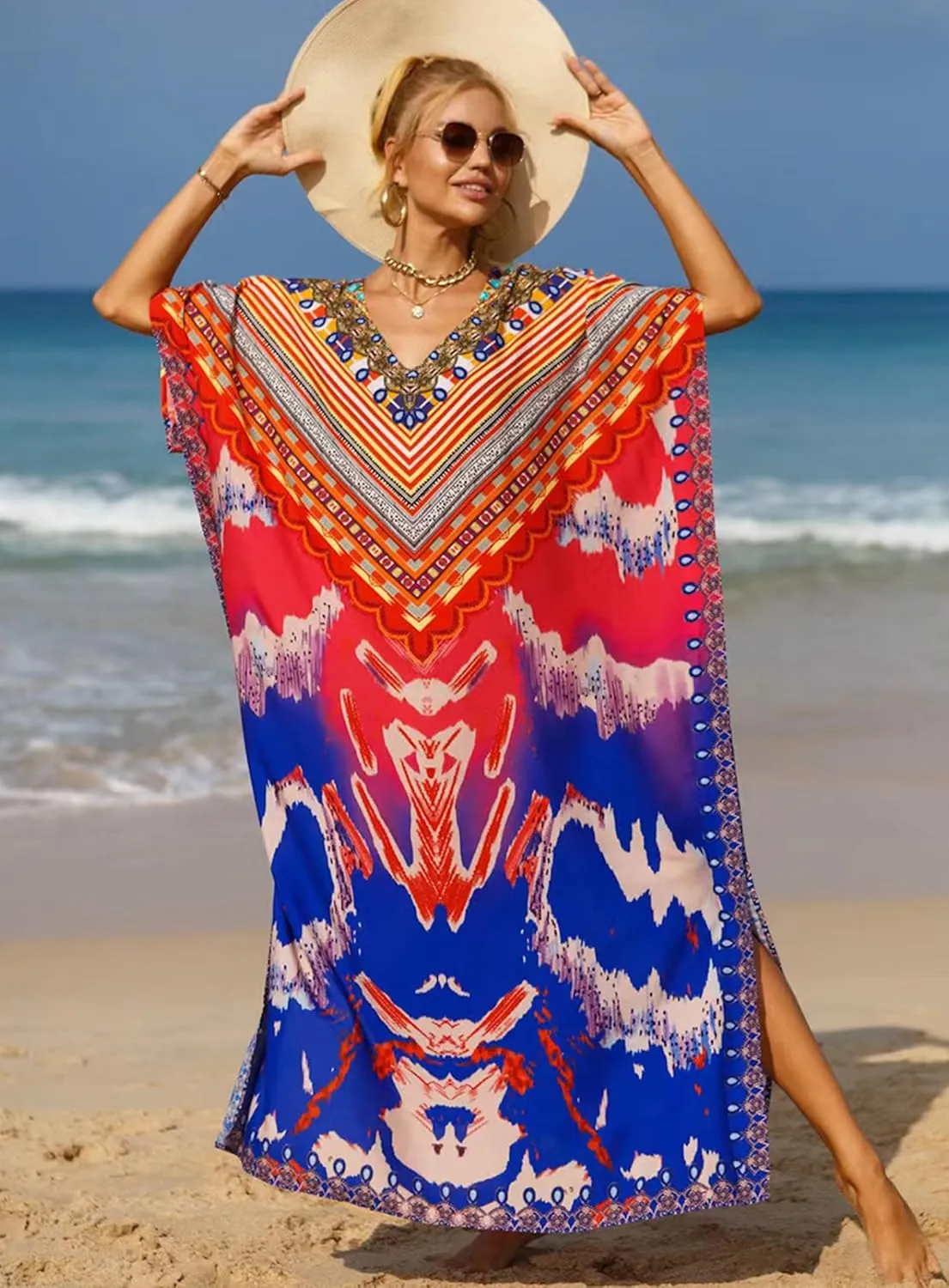 Women's V-Neck Batwing Sleeve Kaftan Dress Lightweight Beach Swimwear Cover Up for Mumu Tropical Vacation