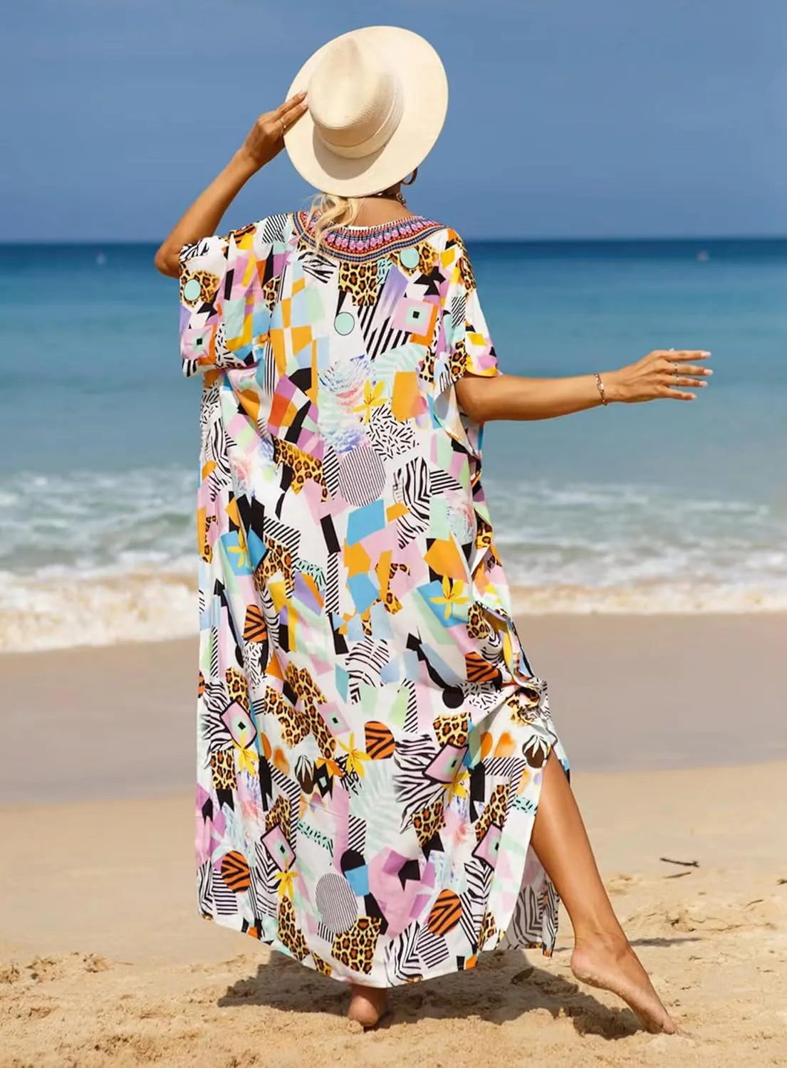 Women's V-Neck Batwing Sleeve Kaftan Dress Lightweight Beach Swimwear Cover Up for Mumu Tropical Vacation