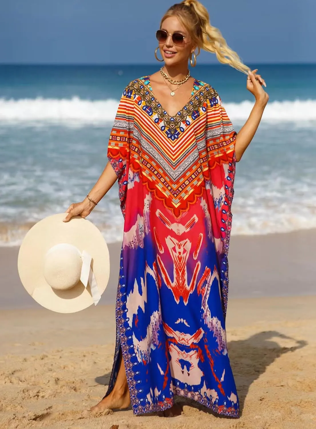 Women's V-Neck Batwing Sleeve Kaftan Dress Lightweight Beach Swimwear Cover Up for Mumu Tropical Vacation