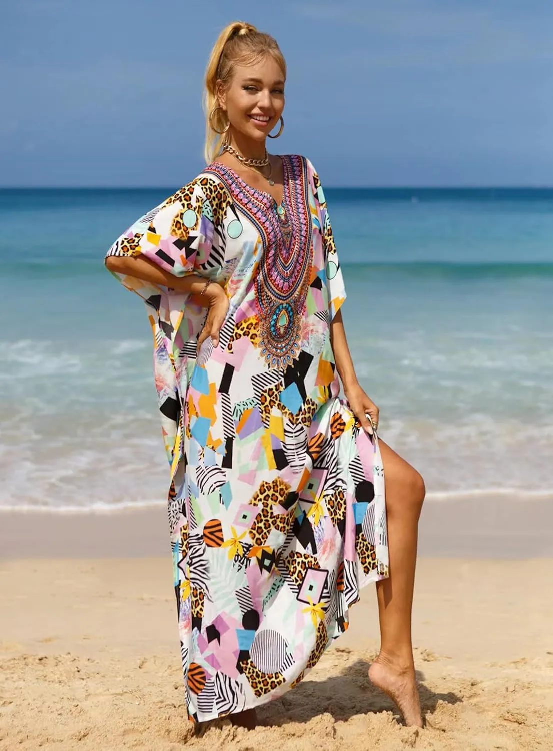Women's V-Neck Batwing Sleeve Kaftan Dress Lightweight Beach Swimwear Cover Up for Mumu Tropical Vacation