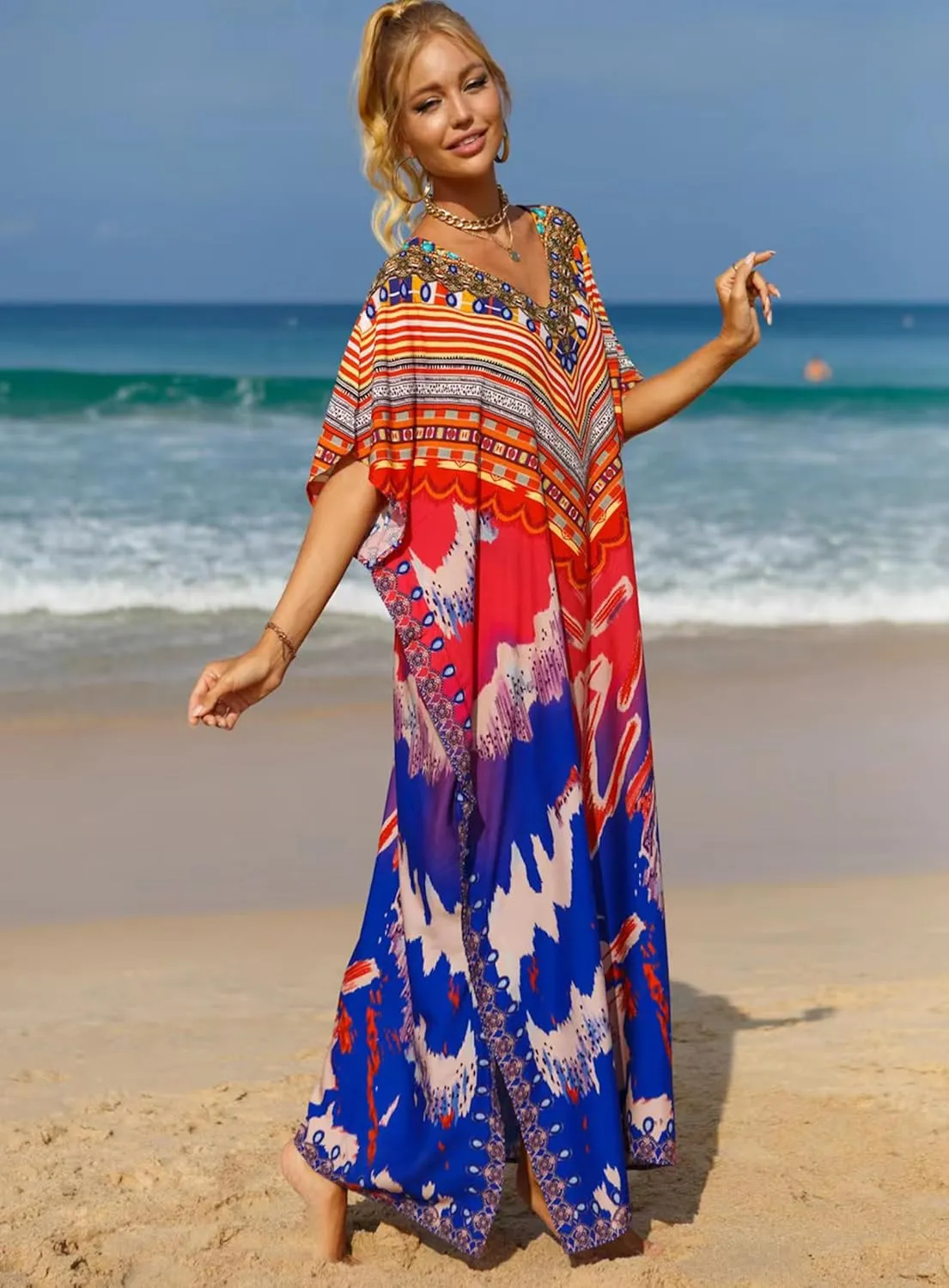 Women's V-Neck Batwing Sleeve Kaftan Dress Lightweight Beach Swimwear Cover Up for Mumu Tropical Vacation