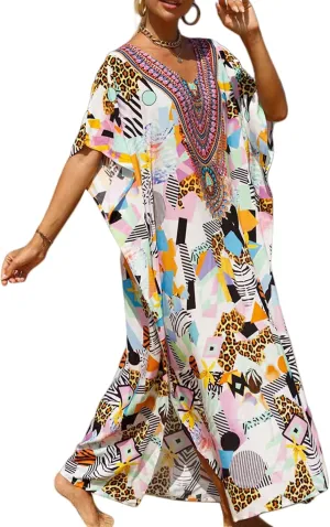 Women's V-Neck Batwing Sleeve Kaftan Dress Lightweight Beach Swimwear Cover Up for Mumu Tropical Vacation