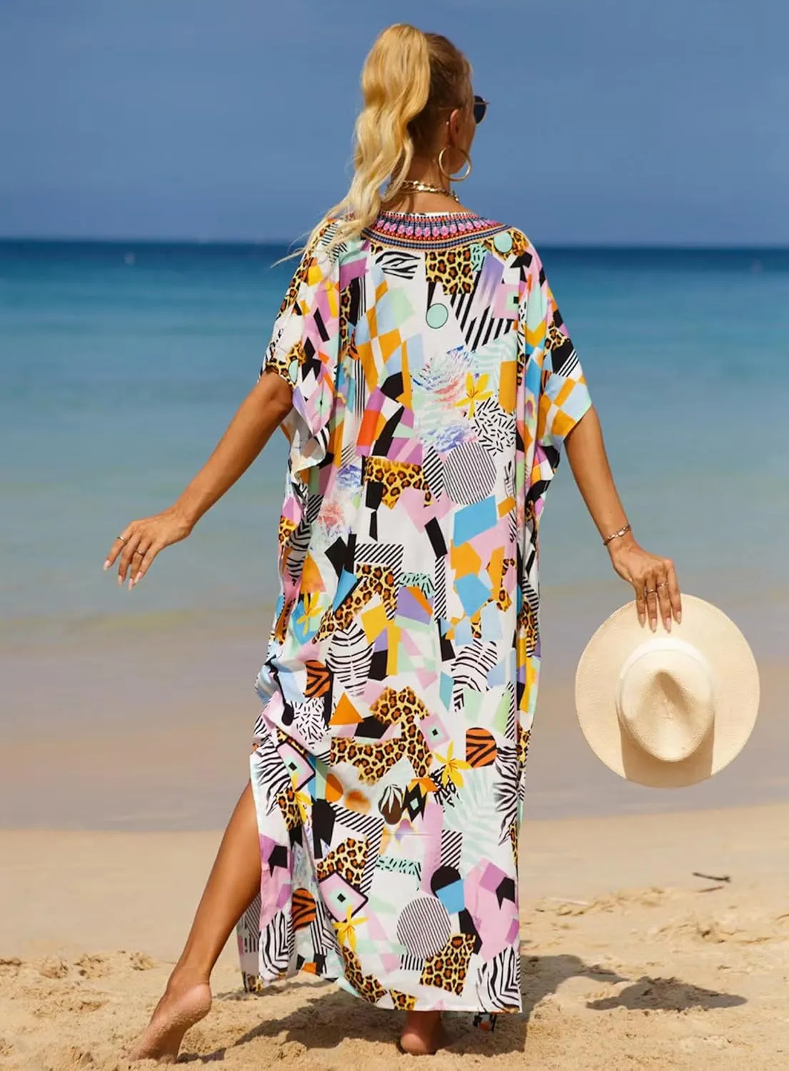 Women's V-Neck Batwing Sleeve Kaftan Dress Lightweight Beach Swimwear Cover Up for Mumu Tropical Vacation