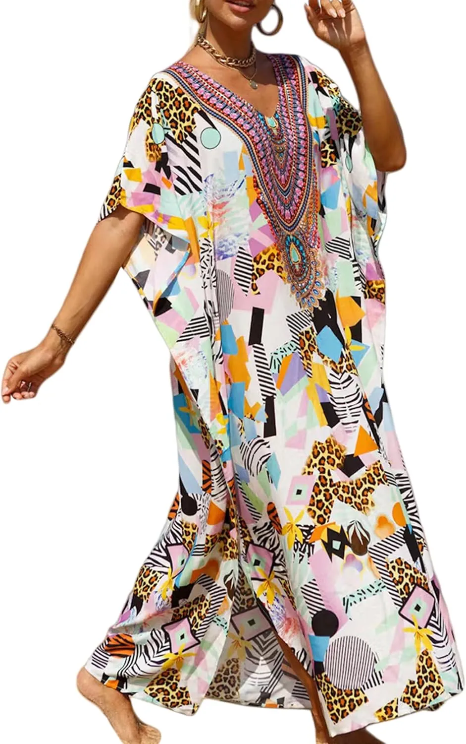 Women's V-Neck Batwing Sleeve Kaftan Dress Lightweight Beach Swimwear Cover Up for Mumu Tropical Vacation