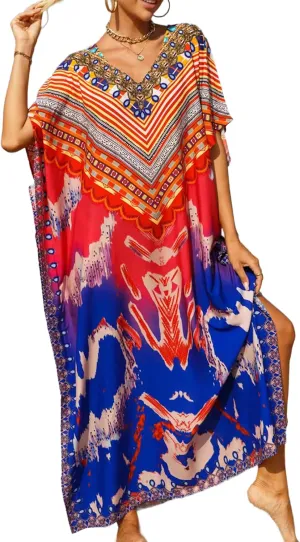 Women's V-Neck Batwing Sleeve Kaftan Dress Lightweight Beach Swimwear Cover Up for Mumu Tropical Vacation