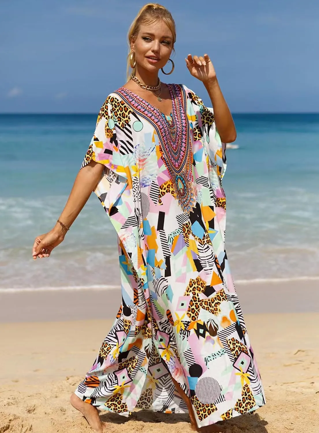 Women's V-Neck Batwing Sleeve Kaftan Dress Lightweight Beach Swimwear Cover Up for Mumu Tropical Vacation